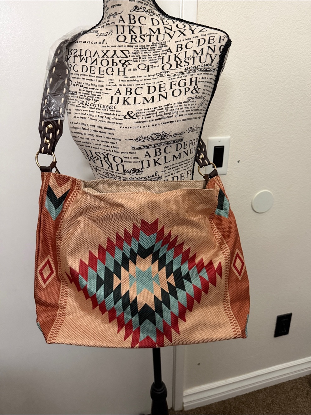 Southwest-Pattern Canvas Hobo Bag — Tan with Turquoise & Red